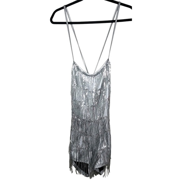 The Unbranded Brand Pants - Silver Fringe Lace-Up Back Romper Women's Sz M Vegas Party Go-Go Burlesque Eras